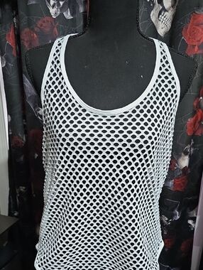 White Fishnet Racerback Tank, LG